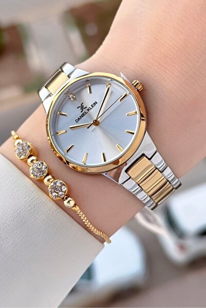 Daniel Klein Gold Silver Color Women's Wristwatch+Bracelet