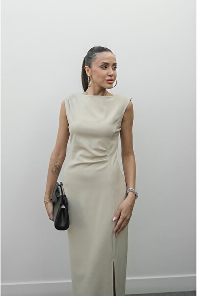 Havoş Beige Nick Slit Padded Dress