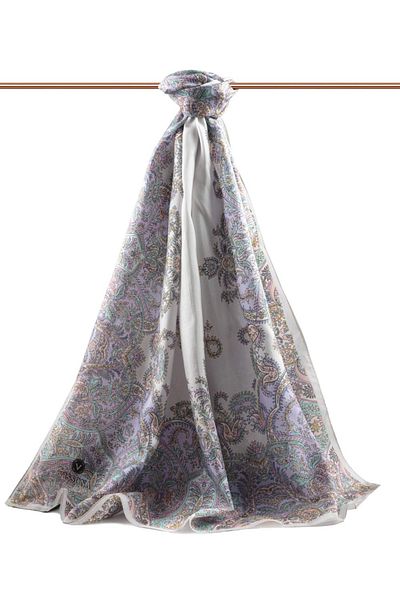 Vissona 100% Silk Ethnic Patterned Silver Colored 92X210 Shawl
