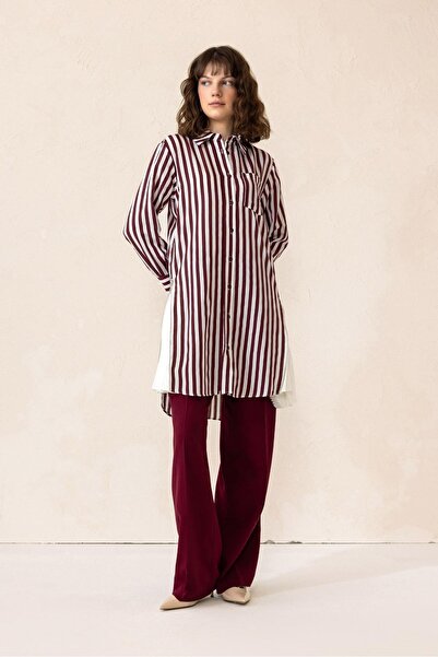 Olcay Striped Tunic with Side Zipper and Pleat Detail Bordo 9830