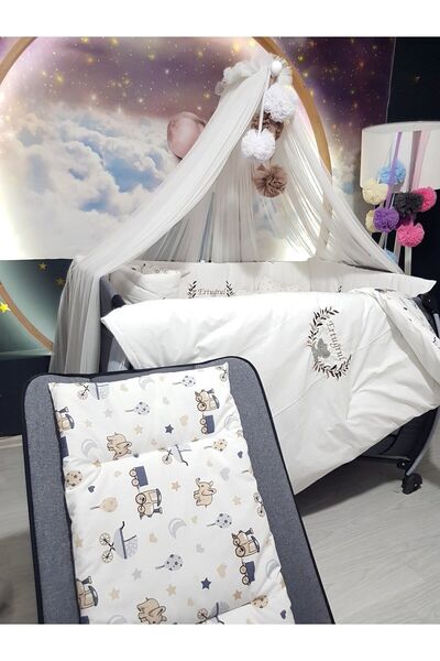 70x110 Embroidered Baby Bedding Set Named - Luxury Mosquito Net and Apparatus - Elephant Sitting on the Branch Motif