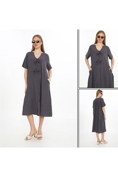 EREN STYLE Λινό φόρεμα Bohemian με μισό μανίκι με λαιμόκοψη V με λεπτομέρεια