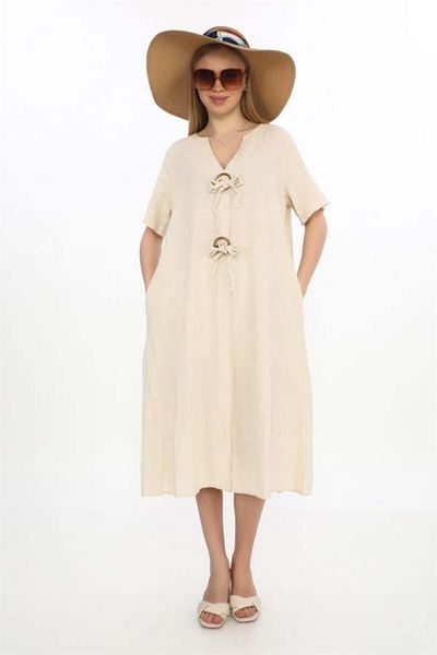 EREN STYLE Λινό φόρεμα Bohemian με μισό μανίκι με λαιμόκοψη V με λεπτομέρεια