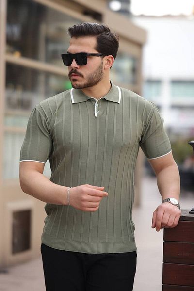 CAN Men's Polo Neck Stripe Detailed Knitwear T-Shirt