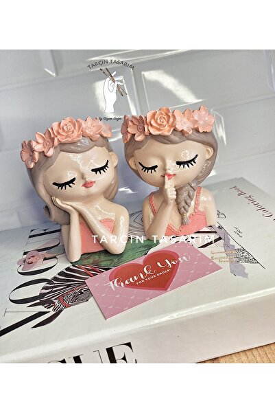 TARÇIN TASARIM 2'li Sevimli Kız Saksı,El Yapımı,Sukulent/Kaktüs,Kız Figür Sak...