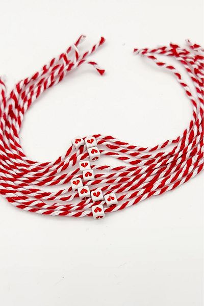 FUDER Red White Rope Square Heart Beaded Martenitska Luck Bracelet (10 Pcs)