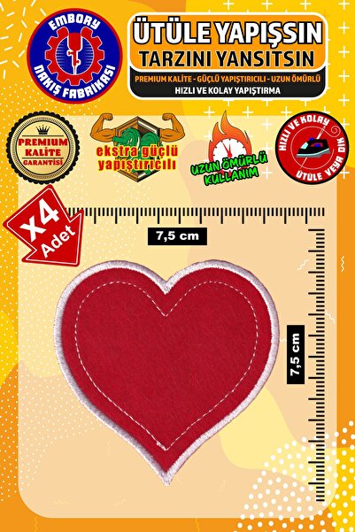 Embory Ütü ile Yapışan Arma Yama, Kırmızı Kalp (4 ADET) Ütüyle Yapışan Nakış ...