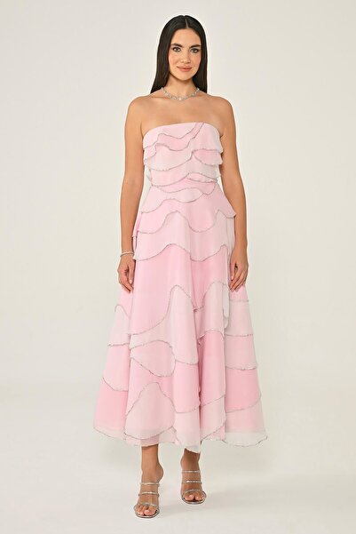 ALFABETA Pink Midi Length Collar Contrast Draped Women's Evening Dress & Graduation Dress