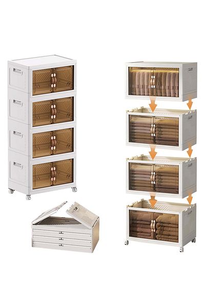 EqiEch Stackable Folding Storage Bins With Lids, 4-layer Portable Plastic Cabinet With Wheels