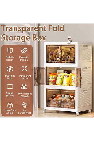 EqiEch Stackable Folding Storage Bins With Lids, 4-layer Portable Plastic Cabinet With Wheels
