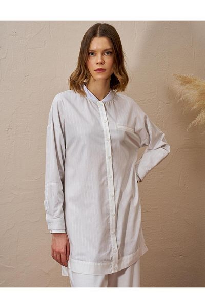 Kayra Flannel Pocket Stripe Pattern Tunic Gray