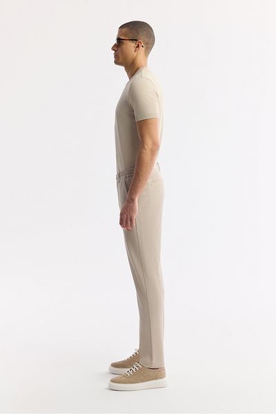 Avva Men's Beige Elastic Side Seersucker Nora Slim Fit Chino Trousers B 003033