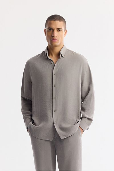 Avva Men's Nardo Gray Bottom Brit Collar Modal Blended Relaxed Cut Oversize Fit Shirt A51Y2168