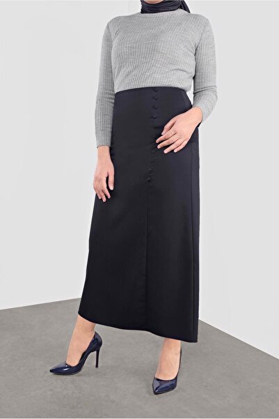 Alvina Γυναικεία κλασική φούστα με λεπτομέρεια με κουμπιά σε μπλε ναυτικό 60125