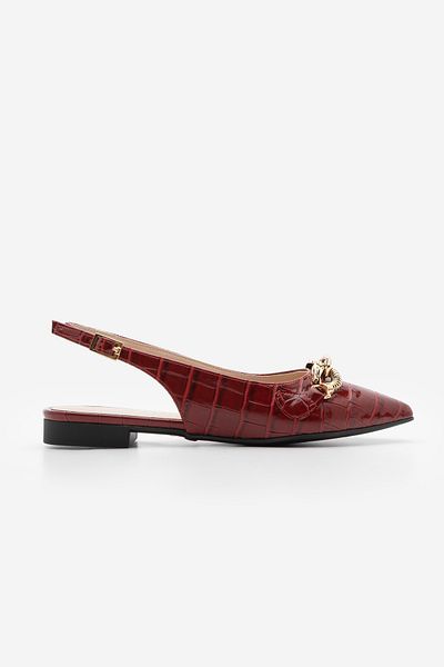 Marjin Damen-Ballerinas mit spitzer Zehenpartie, offener Rücken, Schal und Schnalle, lässig, Kroko-Farbe, Rot