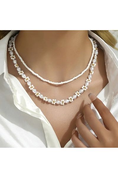MYSTERY TAKI AKSESUAR Double Pearl Daisy Necklace