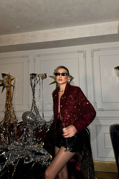 BEYD Sequin Crop Jacket with Button Detail - Claret Red