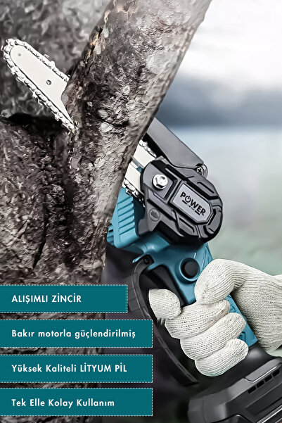 POWER BLACK Extra Güçlü Çift Bataryajlı Ağaç Odun Dal Budama Testeresi mavi