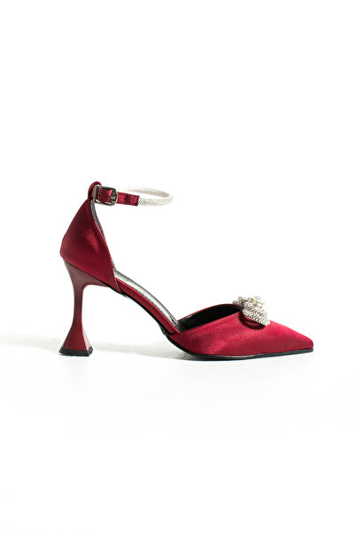 Gökçe Shoes Caisa Bordo Saten Taşlı Fiyonklu Kadın Topuklu Ayakkabı