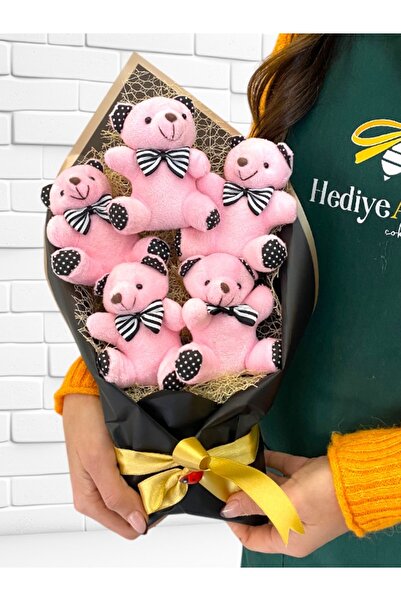 MEGA KANYON Büyük Boy 5'li Kahve Peluş Ayıcıklı Buket | Pembe Aranjmanlı Tasa...