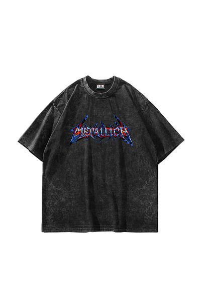 Sekizbiraltı Πολύχρωμο λογότυπο Metallica με τυπωμένο Washed Smoked Oversize μπλουζάκι Unisex