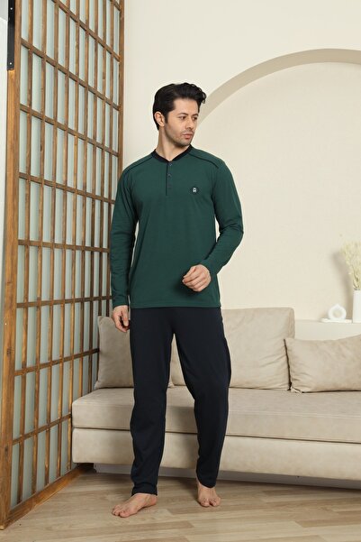 MODAREYA Ανδρικές πιτζάμες με μακρυμάνικο εποχιακό πράσινο χρώμα χτενισμένο βαμβάκι