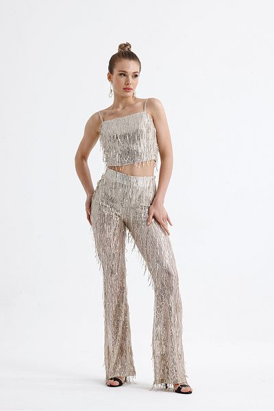 Sense Lined Flexible Waist Sequins, Evening Dress Pants |   Beige Pnt36031