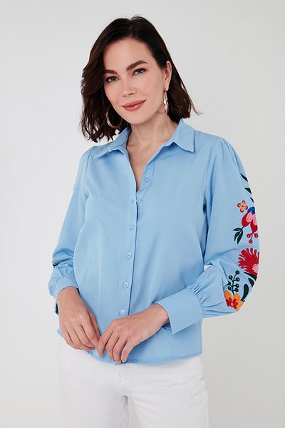Lela Cămașă din bumbac cu mâneci cu bule de aer, cu croială normală, cu broderie florală CAMISA 611GO003