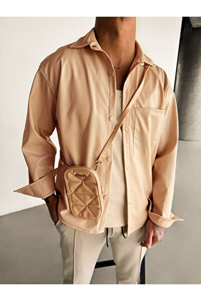 VEAVEN Bej Tek Cepli Erkek Deri Ceket Gömlek