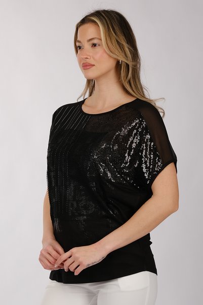 DAIDO Printed t-shirt with line chiffon and sequin garnish