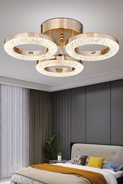 Apliqa Oylum 3'lü Gold 24 Watt Kristalli Koridor Salon Led Plafonyer Avize