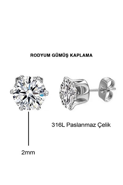 ByFlorya Jewelry Çelik Tek Taş Küpe 18K Altın Kaplama Tek Taşlı Paslanmaz Çelik Küpe 2mm