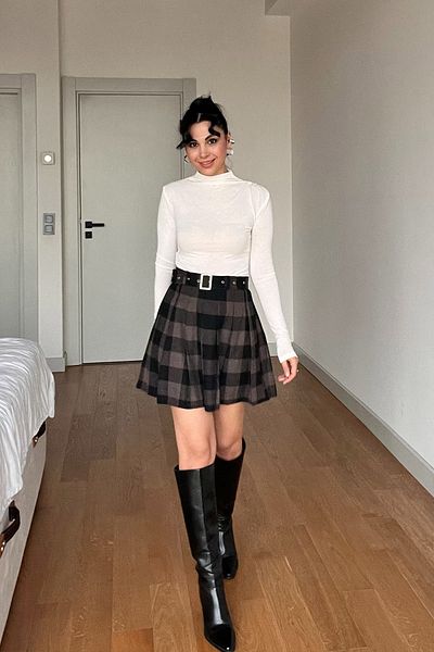 Seda Yalçın Atelier Brown Plaid Short Belted Pleated Skirt