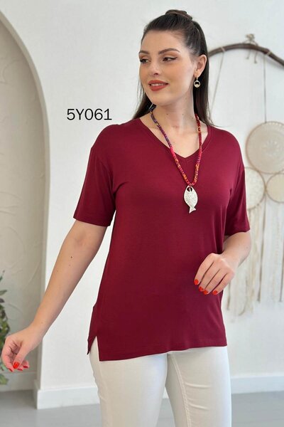 İnce Topuk V-Neck Slit Viscose Tshirt 5Y061