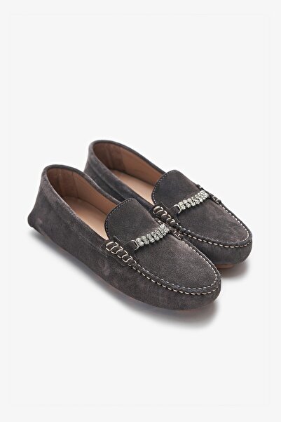 Louis Cardy Cecilia Gray Genuine Leather Women's Ballerinas with Stone Detail