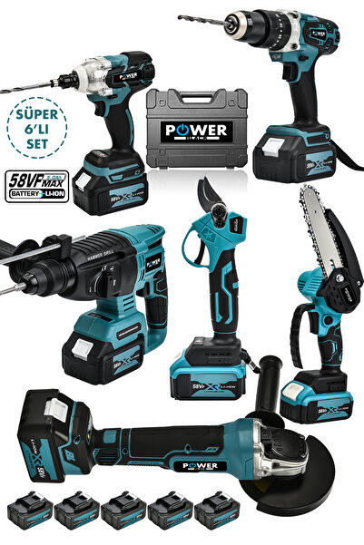 POWER BLACK Profesyonel Brushless 6'lı Set Şarjlı Hilti Şarjlı Taşlama Şarjlı Darbeli Matkap Makas Testere