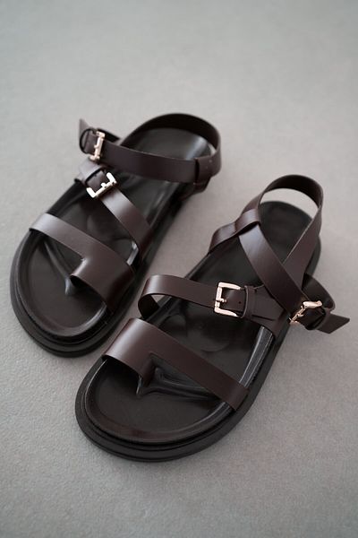 selinshoes Sandale de damă cu curea la gleznă cu detaliu cu cataramă dublă de vară - maro amar