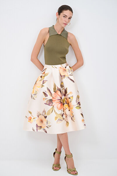 adL Pileli Desenli Midi Etek