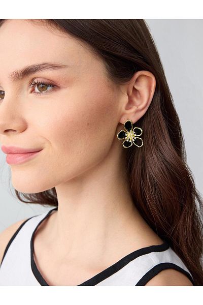 Jimmy Key Black Flower Figured Shiny Stone Elegant Earrings