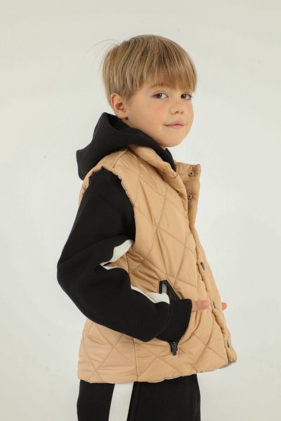 Black One Stand Collar Baklava Pattern Detailed Girl's Vest