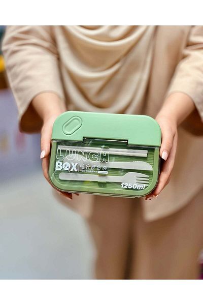 Arabest 1250ml Bento Lunch Box, With Cutlery And 2 Compartments, Leak Proof, For Picnics, School, Green