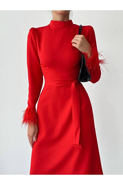 LOCH BUTİK DÁMSKÉ ČERVENÉ STOJATÉ LÍMEČKY S DLOUHÝM RUKÁVEM MIDI ŠATY