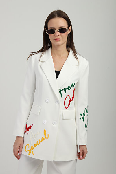 Milamia Jachetă albă cu două rânduri de nasturi cu broderie cu nasturi în par...