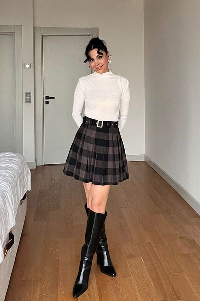 Seda Yalçın Atelier Brown Plaid Short Belted Pleated Skirt