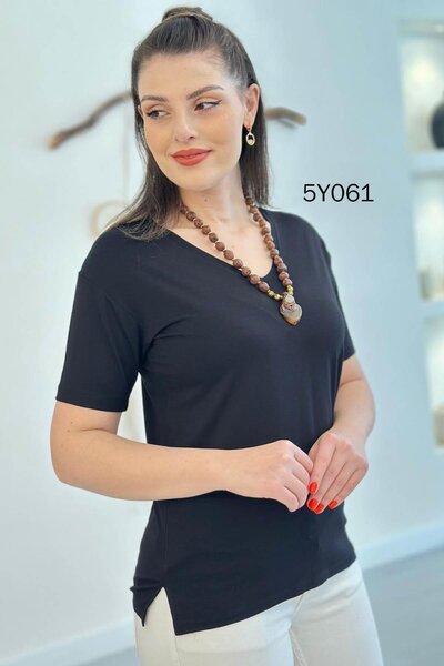 İnce Topuk V-Neck Slit Viscose Tshirt 5Y061