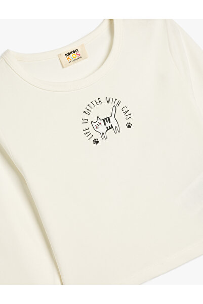 Koton Crop T-Shirt Long Sleeve Cat Printed Crew Neck Cotton