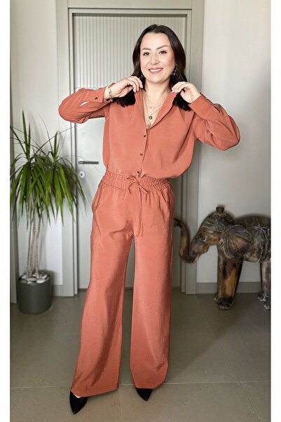 Butik Shiny Stones Shirring Soft Textured Shirt Pants Set