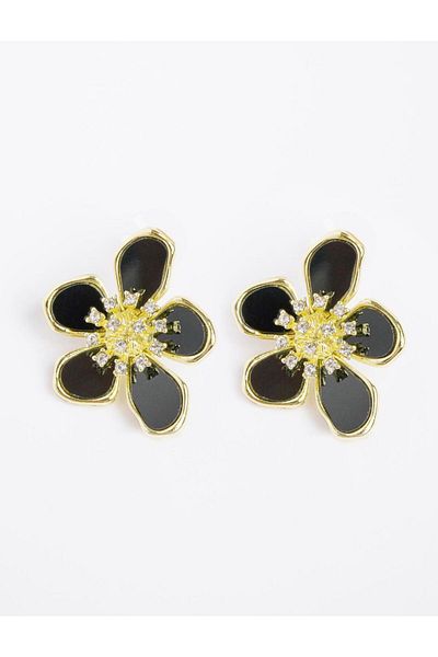 Jimmy Key Black Flower Figured Shiny Stone Elegant Earrings