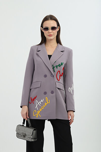 Milamia Embroidered Double Breasted Gray Jacket with Buttoned Back Waist