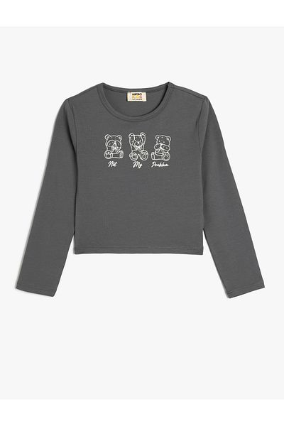 Koton Crop T-Shirt Long Sleeve Teddy Bear Printed Crew Neck Cotton